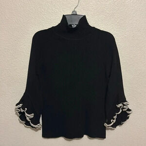 Milly 100% Merino Wool Black V-Neck Ruffle 3/4 Sleeve Sweater